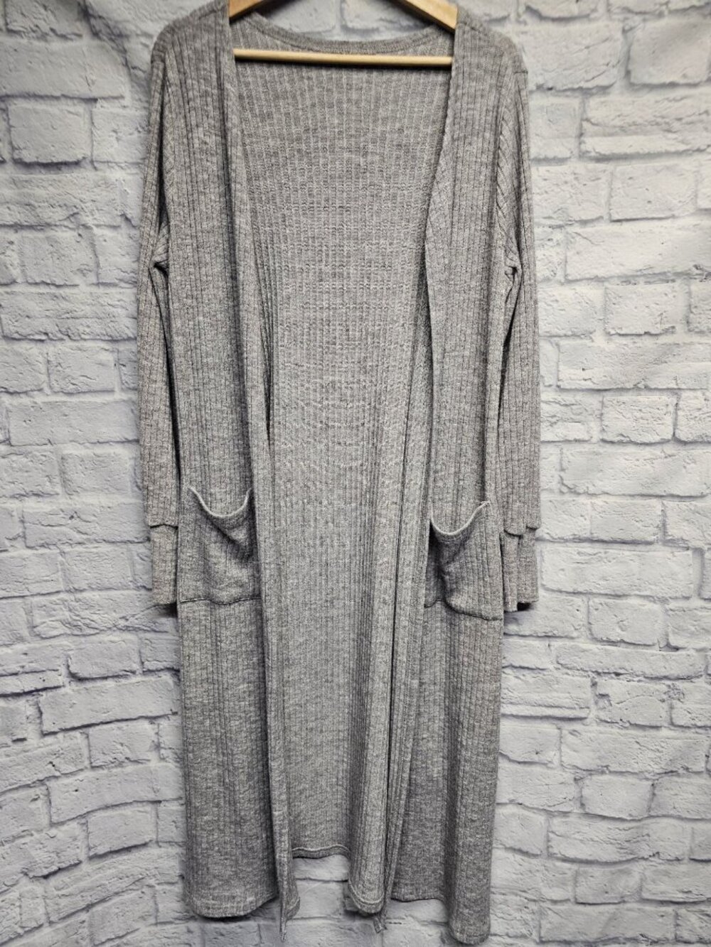 Shein M Gray Ribbed Open Front Pockets Long Maxi Layering Sweater Cardigan Top